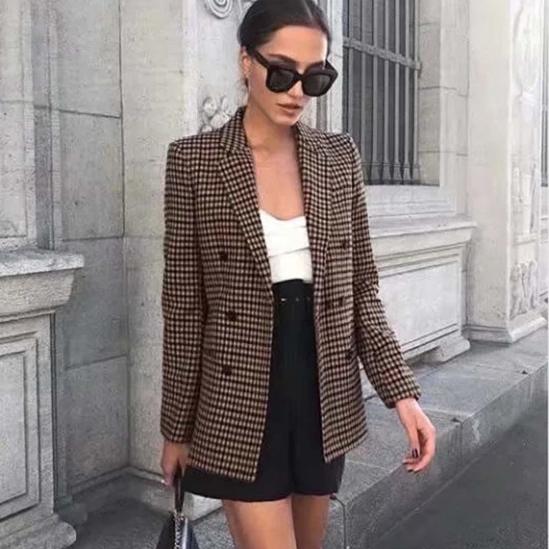 Women's Classic Check Blazer Double Breasted Stylish Jacket