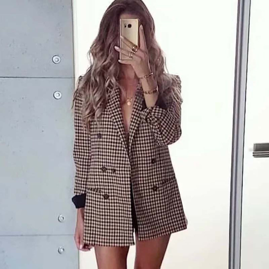 Women's Classic Check Blazer Double Breasted Stylish Jacket