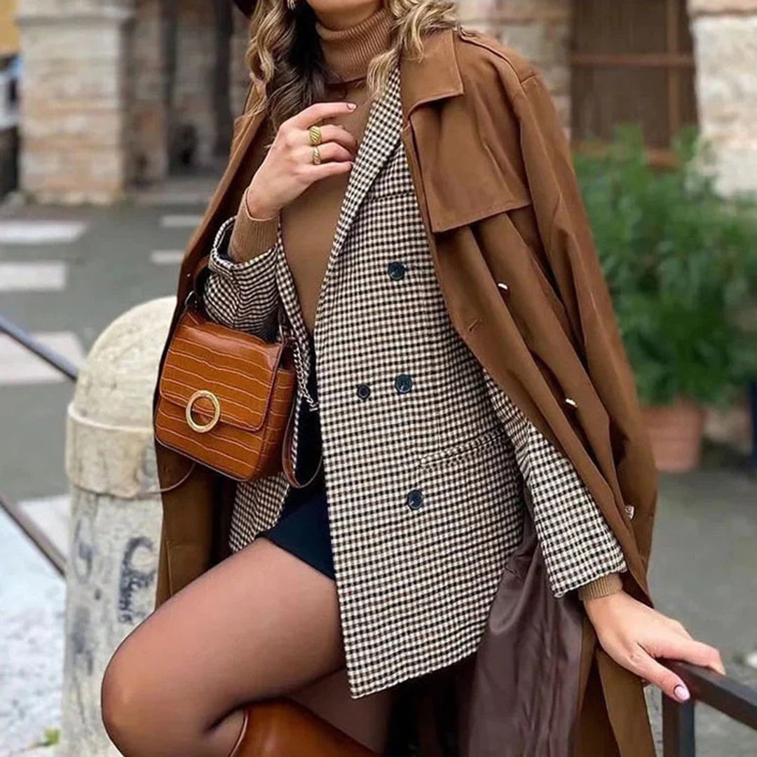 Women's Classic Check Blazer Double Breasted Stylish Jacket