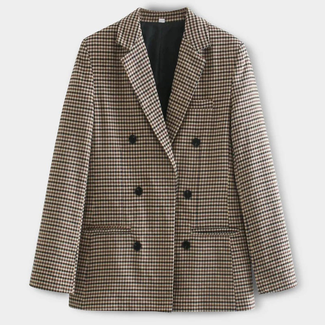Women's Classic Check Blazer Double Breasted Stylish Jacket