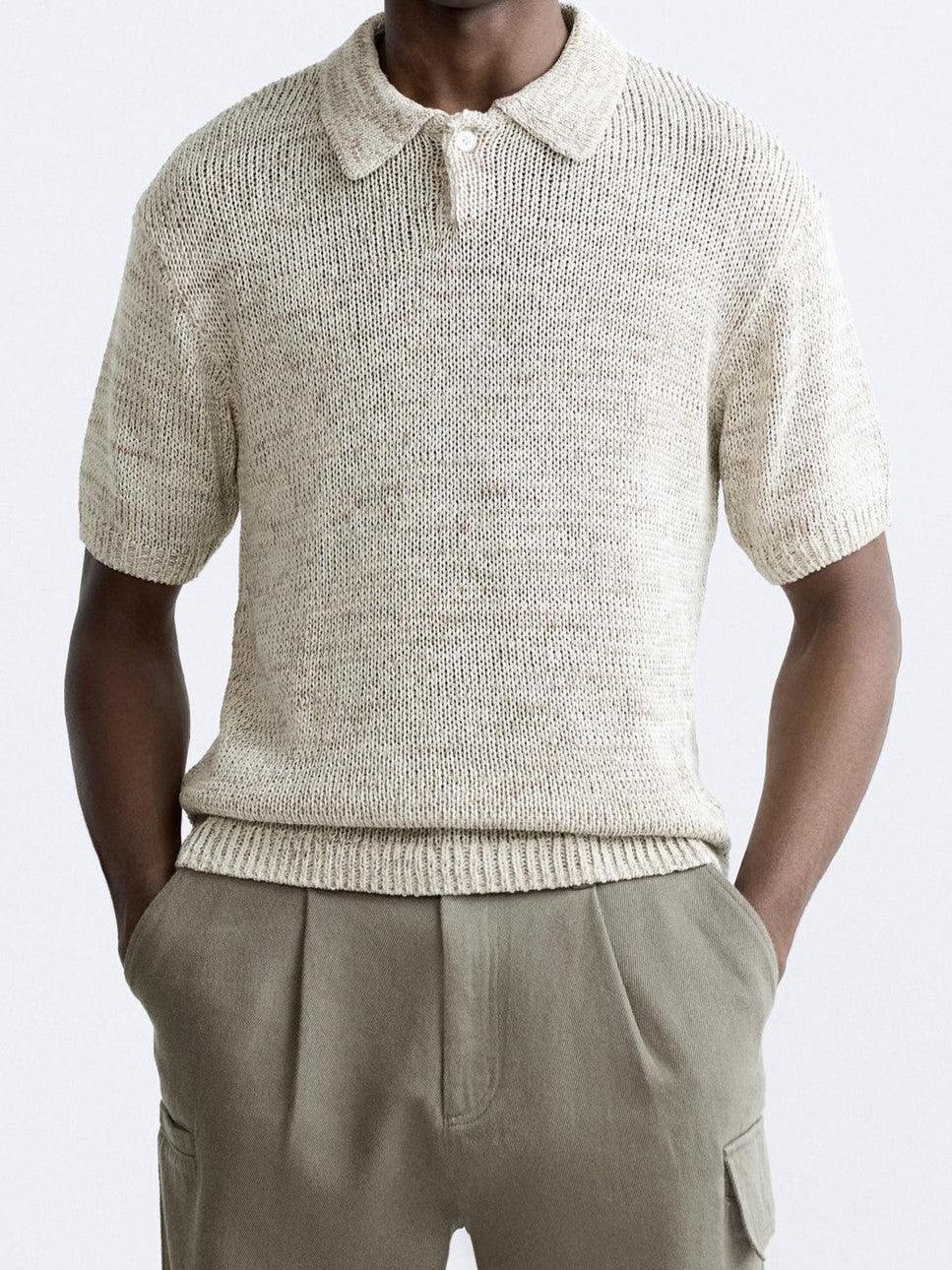 Men's Casual Knitted Polo Shirt Breathable Vintage Style