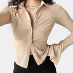 Women's Fitted Ribbed Top With Collar Button Closure