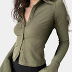 Women's Fitted Ribbed Top With Collar Button Closure