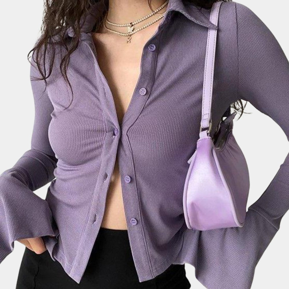 Women's Fitted Ribbed Top With Collar Button Closure