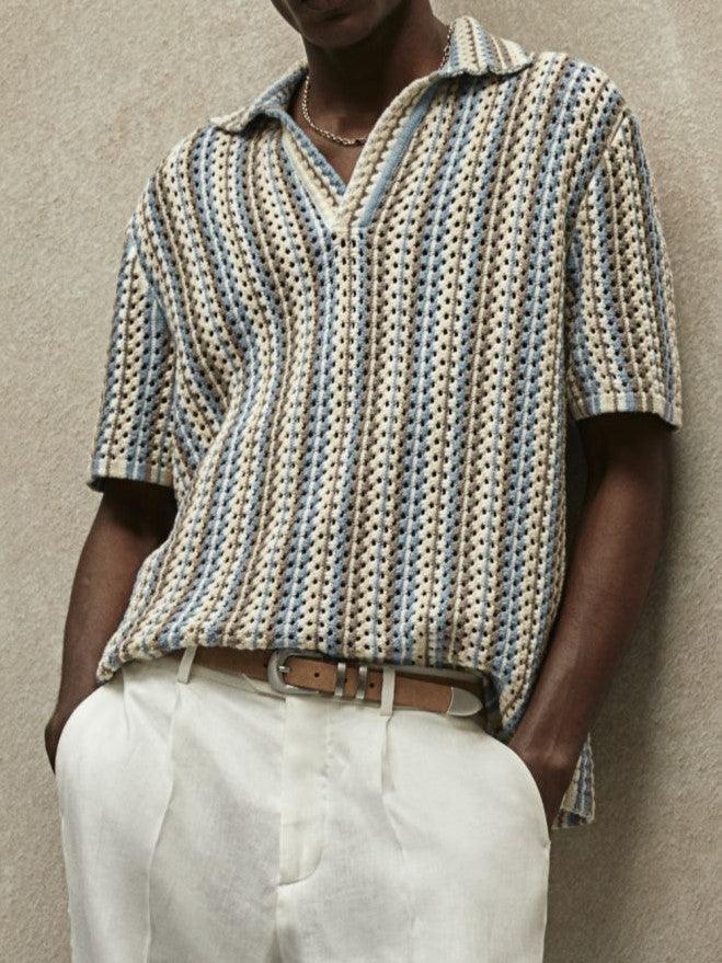 Men's Breathable Knit Polo Shirt Striped Design Summer Style