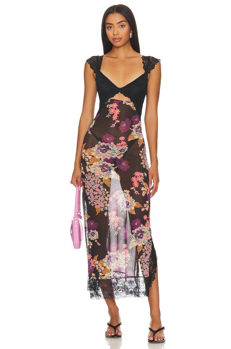 Women's Lace Floral Midi Dress Elegant Sheath Evening Fit
