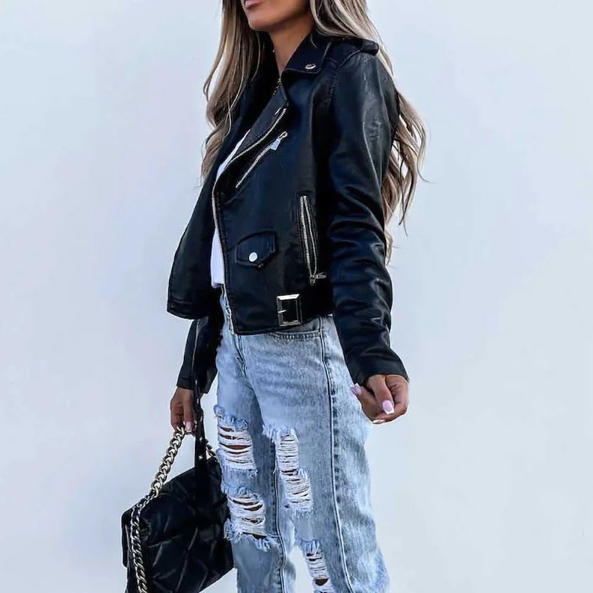 Women's Premium Vegan Leather Jacket Casual Mid-Length Coat