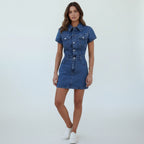 Women's Casual Denim Mini Dress Button-Down Short Sleeve