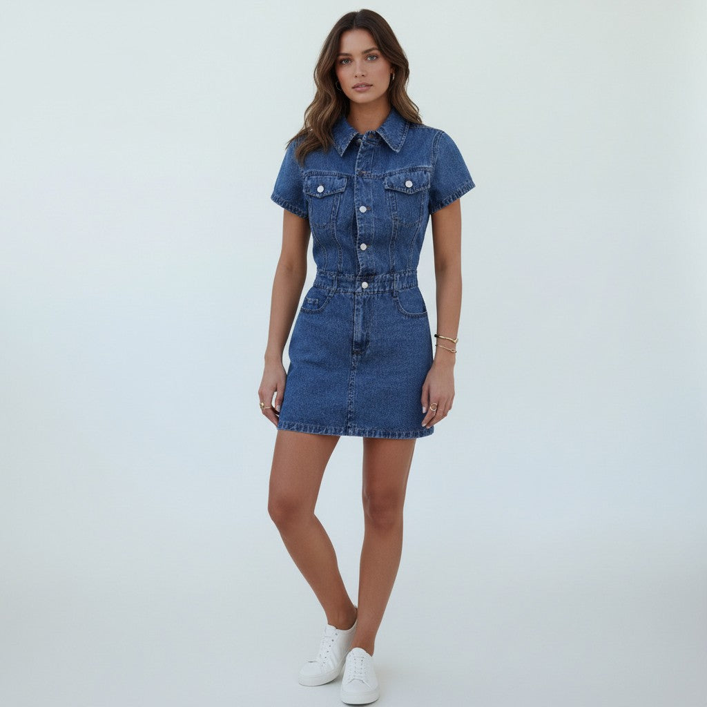 Women's Casual Denim Mini Dress Button-Down Short Sleeve