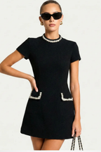 Women’s Luxury Mini Dress Pearl Trim Timeless Elegant Fit