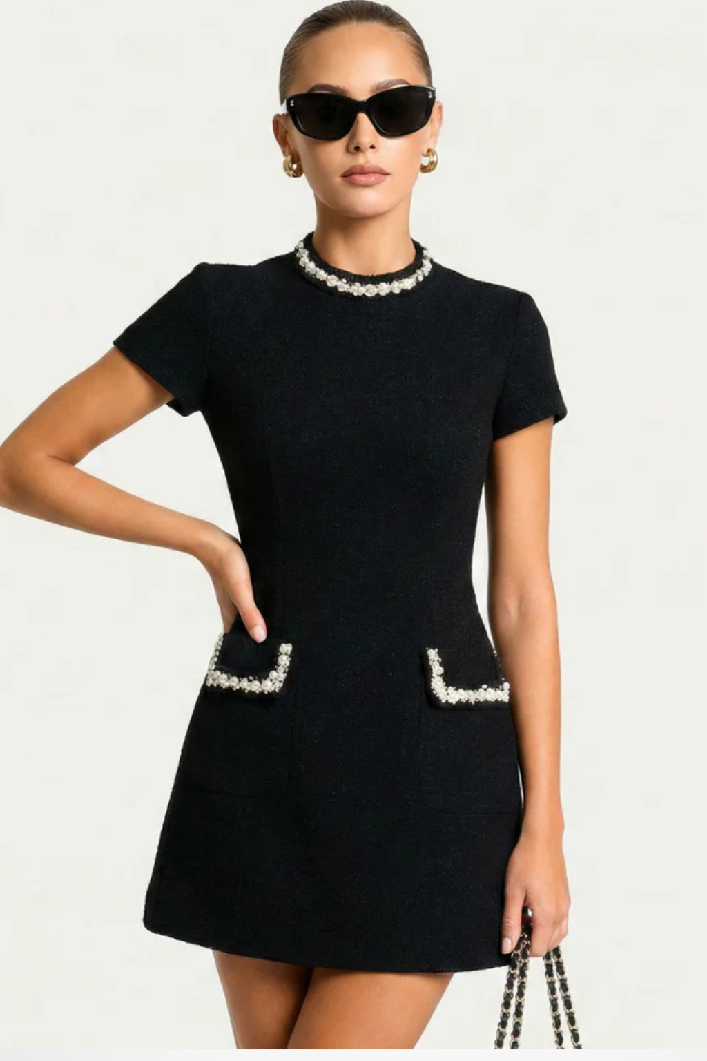 Women’s Luxury Mini Dress Pearl Trim Timeless Elegant Fit