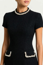 Women’s Luxury Mini Dress Pearl Trim Timeless Elegant Fit