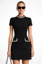 Women’s Luxury Mini Dress Pearl Trim Timeless Elegant Fit