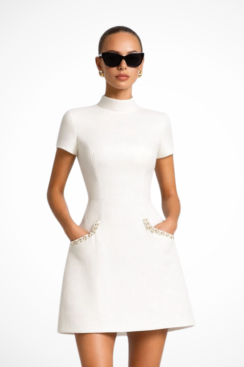 Women’s Luxury Mini Dress Pearl Trim Timeless Elegant Fit