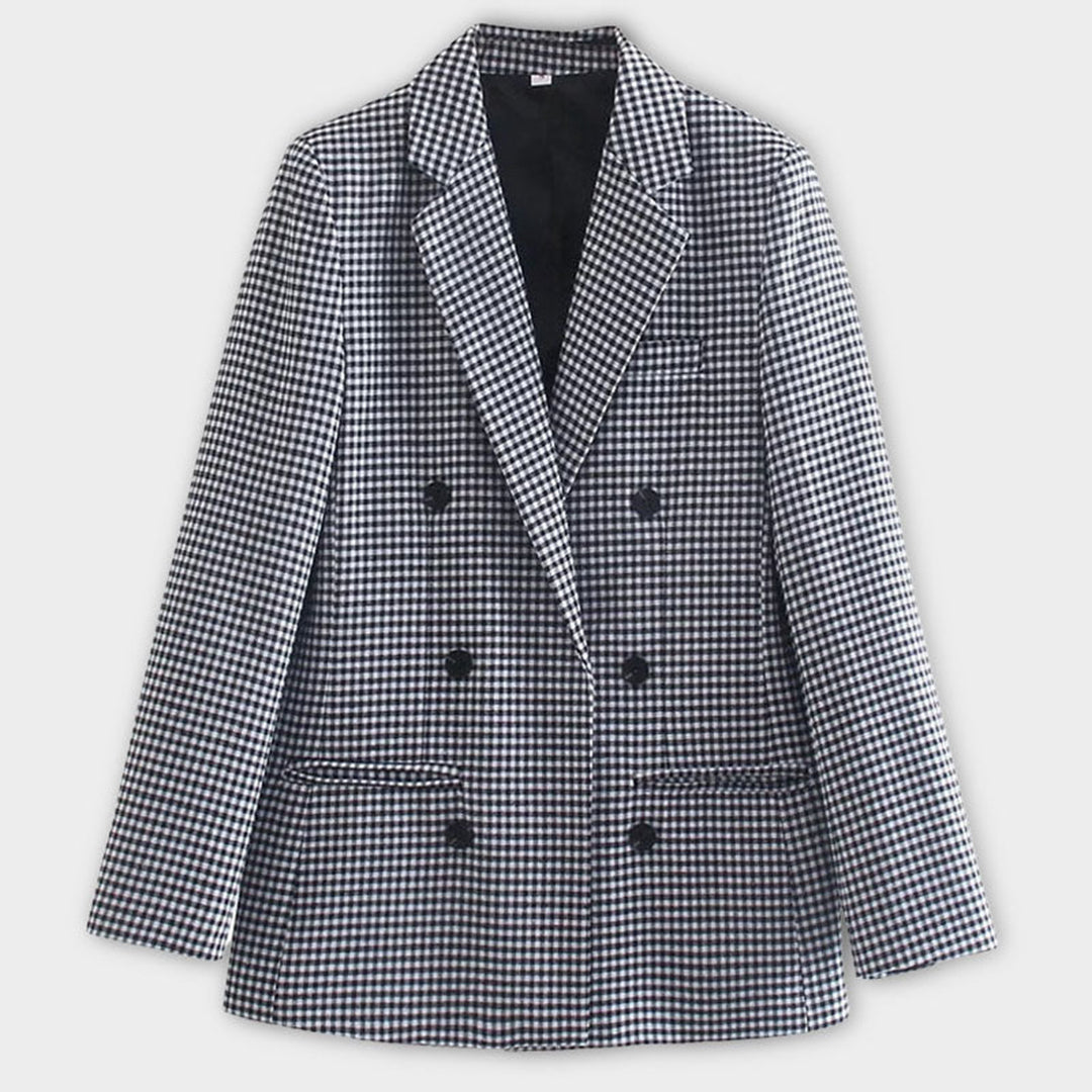 Women's Classic Check Blazer Double Breasted Stylish Jacket