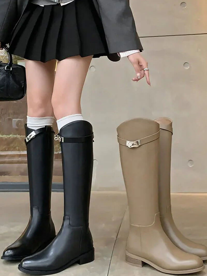 Women's Vegan Leather Riding Boots Tall Buckle Elegant Boots