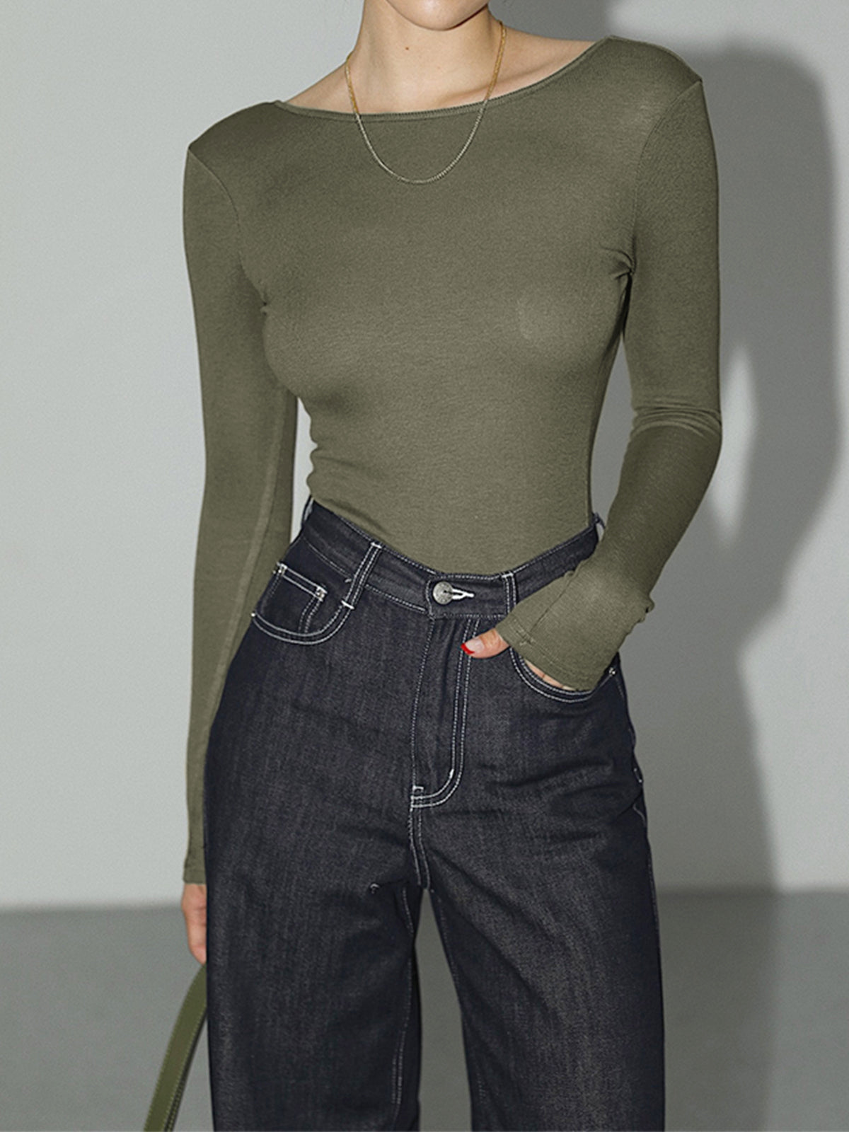 Women's Stretch Long Sleeve Open Back Bodysuit Slim Fit