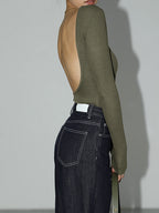Women's Stretch Long Sleeve Open Back Bodysuit Slim Fit