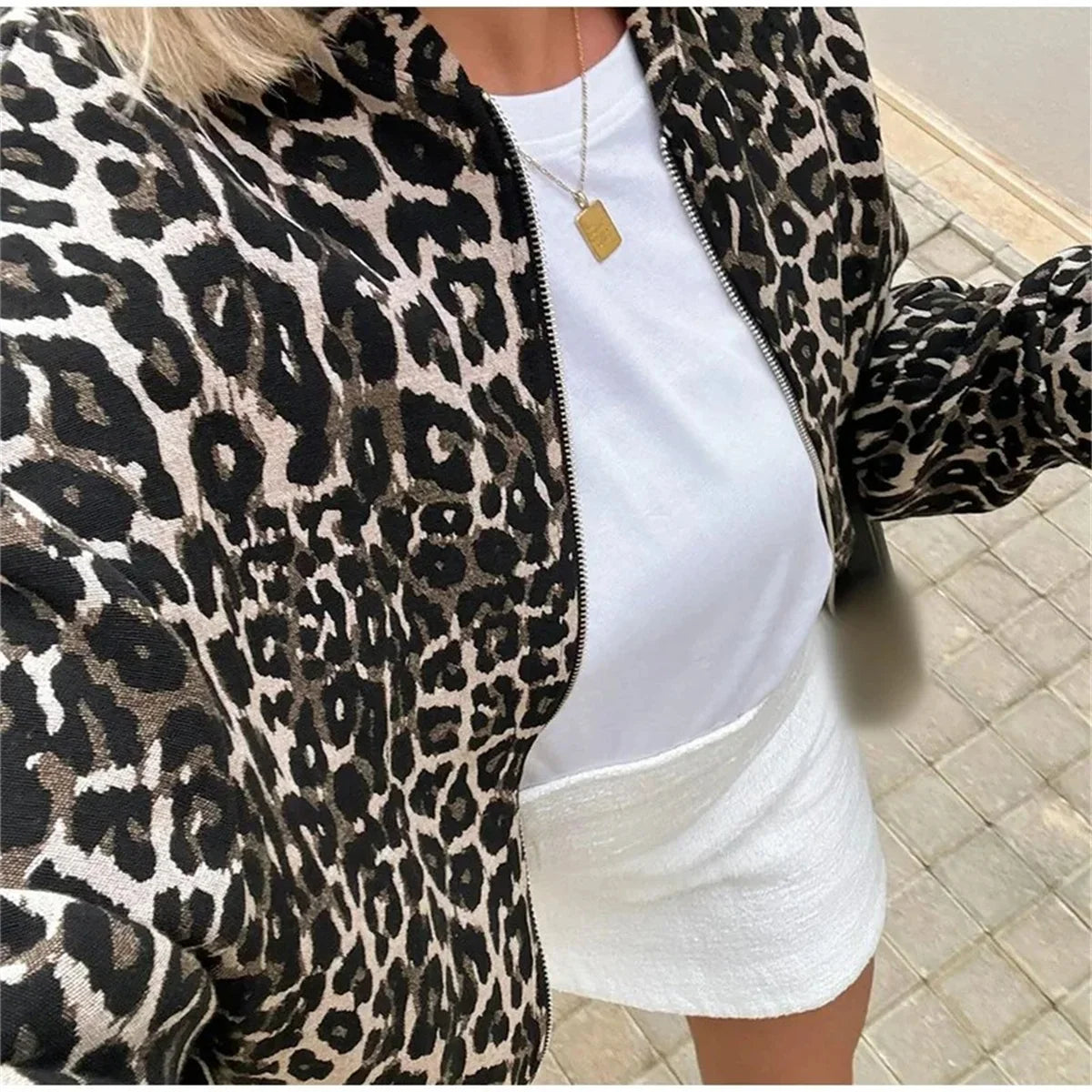 Women's Leopard Print Bomber Jacket Lightweight Stylish Outerwear