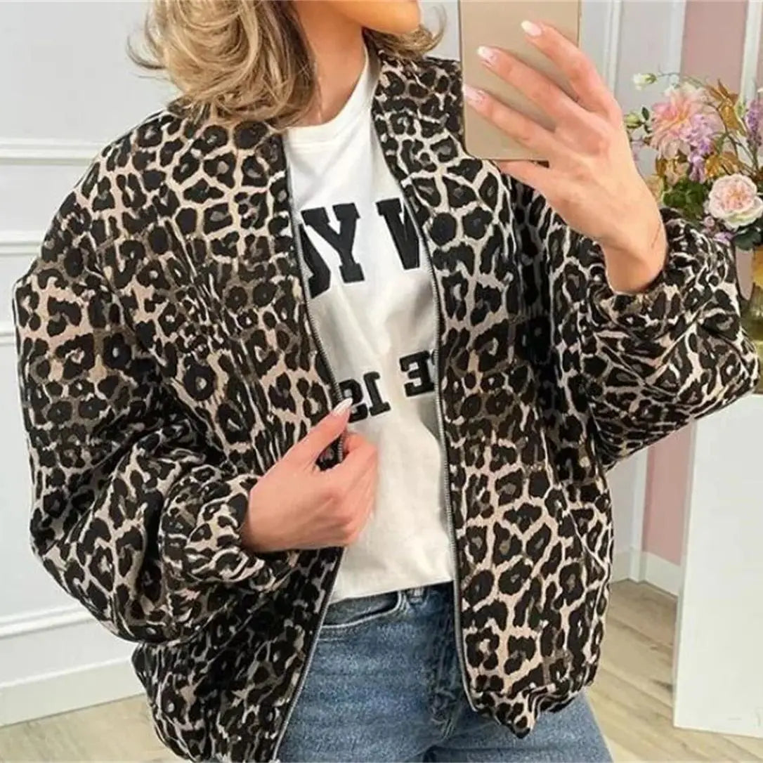 Women's Leopard Print Bomber Jacket Lightweight Stylish Outerwear