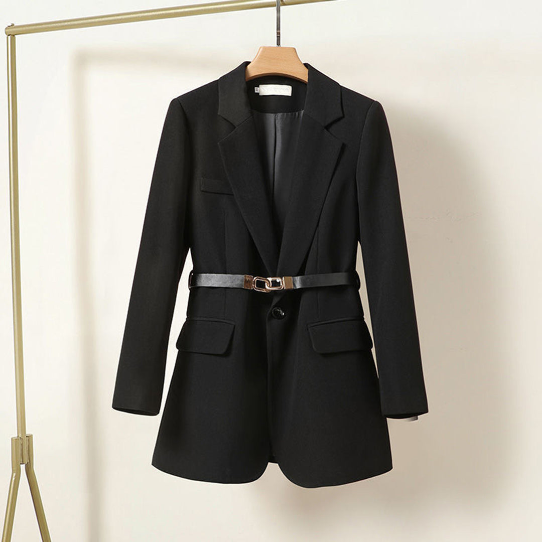 Women's Tailored Long Blazer Belted Elegant Jacket