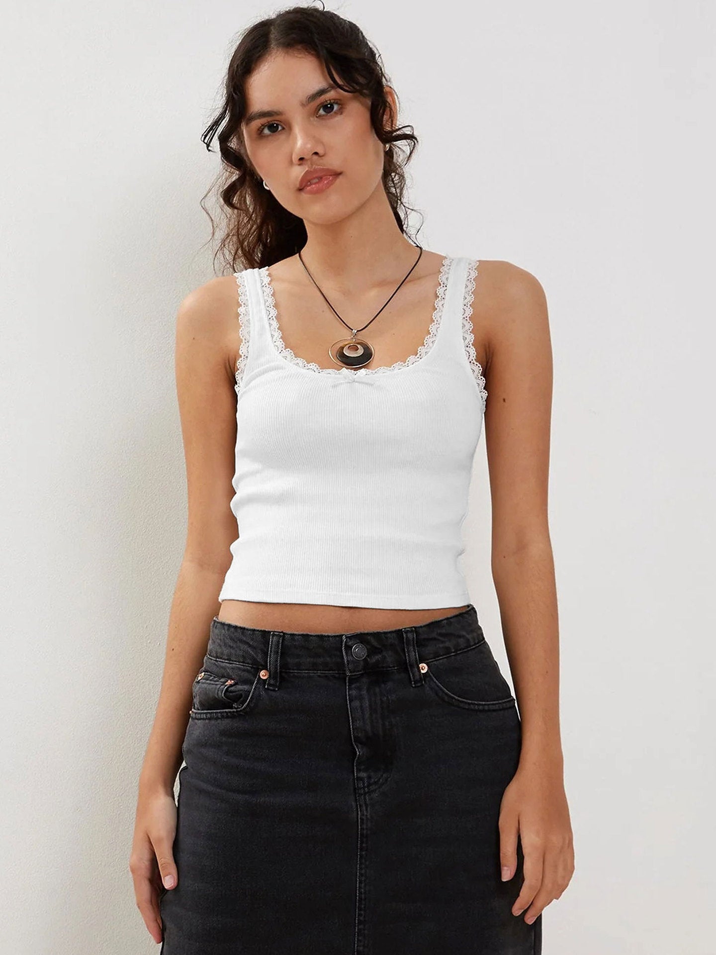 Women's Ribbed Crop Top with Lace Straps Stylish Tank
