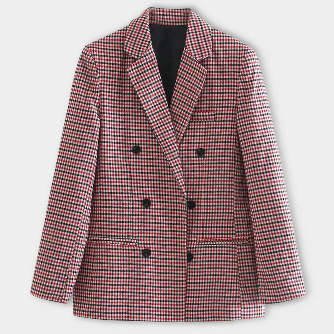 Women's Classic Check Blazer Double Breasted Stylish Jacket
