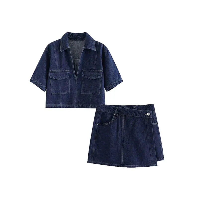 Women's Denim Set Casual Short Sleeve Jacket Mini Skirt