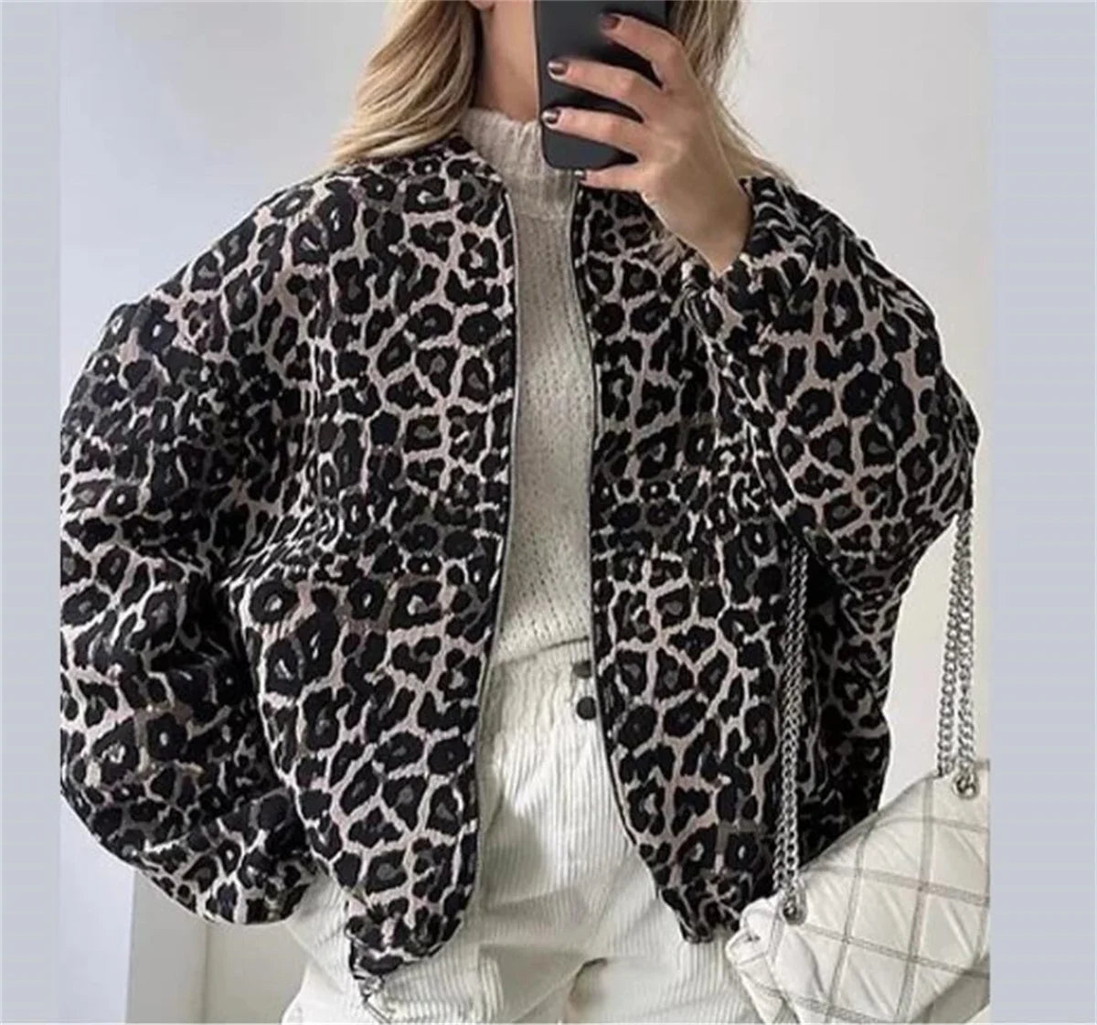 Women's Leopard Print Bomber Jacket Lightweight Stylish Outerwear