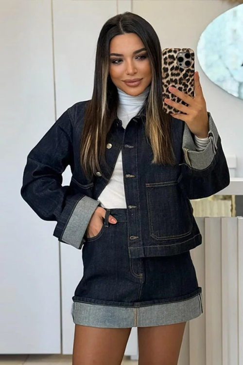 Women'S Cropped Denim Jacket High-Waist Mini Skirt Set