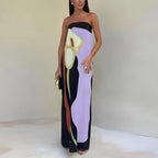 Women'S Luxe Strapless Maxi Dress Elegant Print Evening Gown