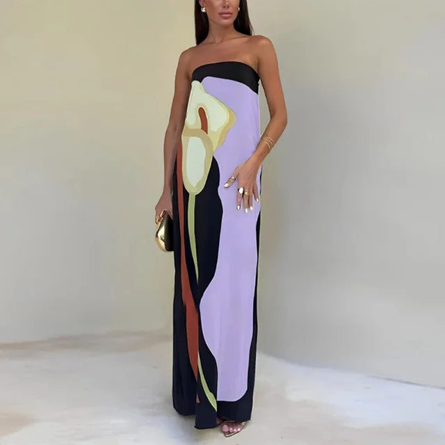 Women'S Luxe Strapless Maxi Dress Elegant Print Evening Gown