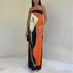 Women'S Luxe Strapless Maxi Dress Elegant Print Evening Gown