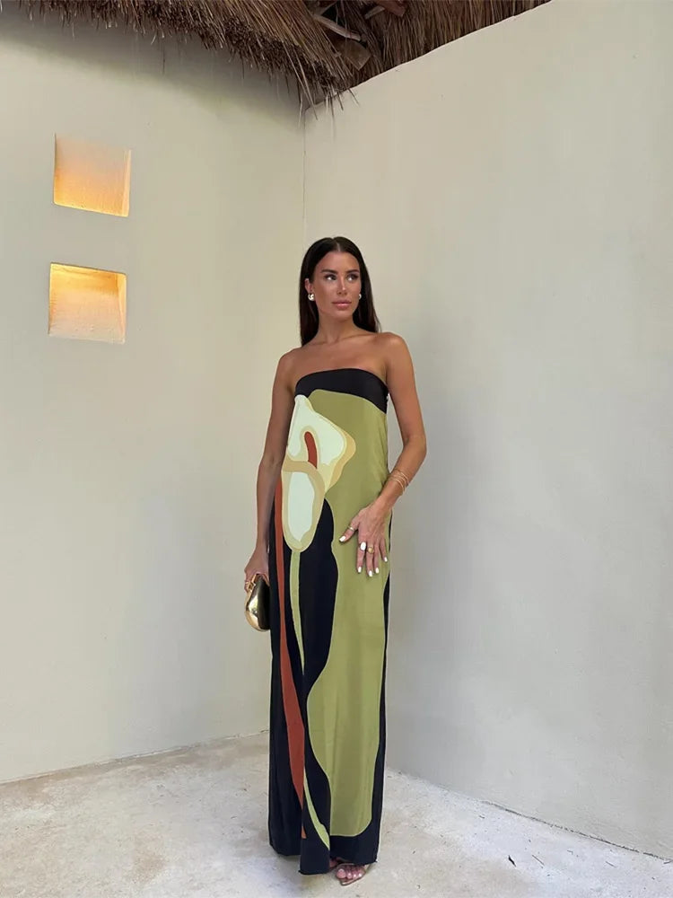 Women'S Luxe Strapless Maxi Dress Elegant Print Evening Gown