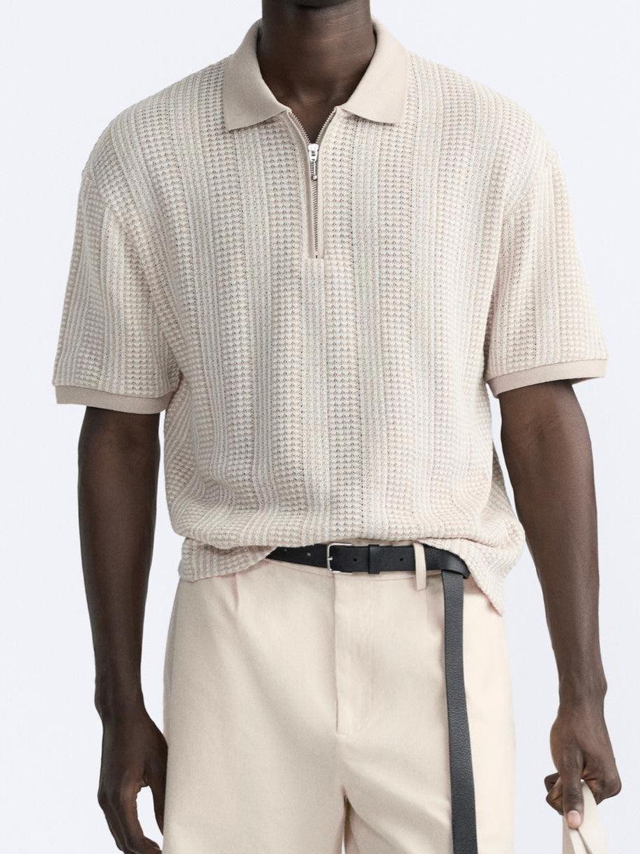 Men's Structured Knit Polo Shirt with Zip Closure
