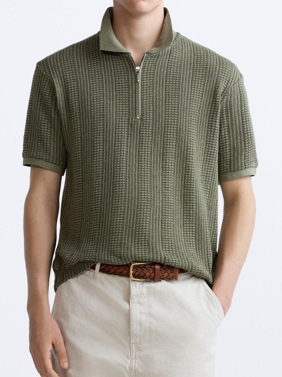 Men's Structured Knit Polo Shirt with Zip Closure