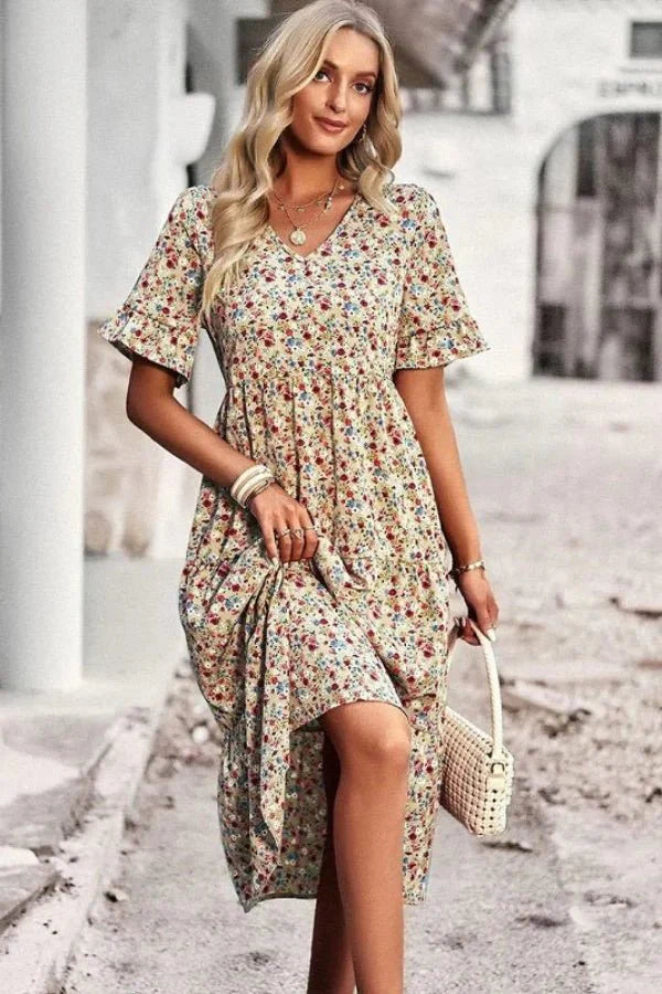 Women's Floral Midi Dress Lightweight Elegant Summer Fit
