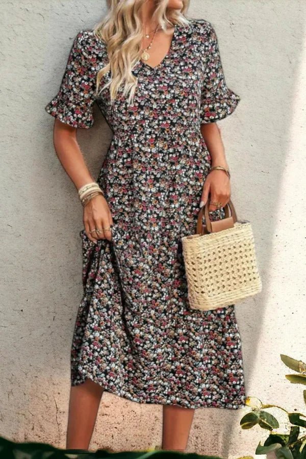 Women's Floral Midi Dress Lightweight Elegant Summer Fit