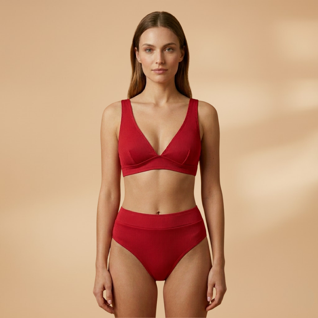 Women's Ribbed Bikini Set Wide Straps High-Cut Briefs