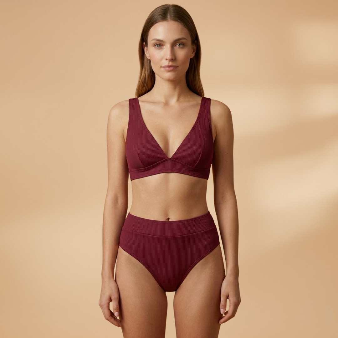 Women's Ribbed Bikini Set Wide Straps High-Cut Briefs
