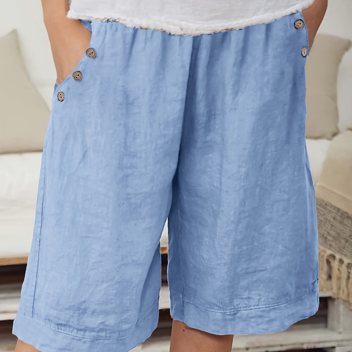 Plus Size Women's Elegant Vacation Shorts with Button Detail