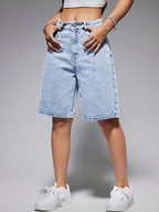 Women's High-Waisted Stretch Denim Bermuda Shorts Casual Fit