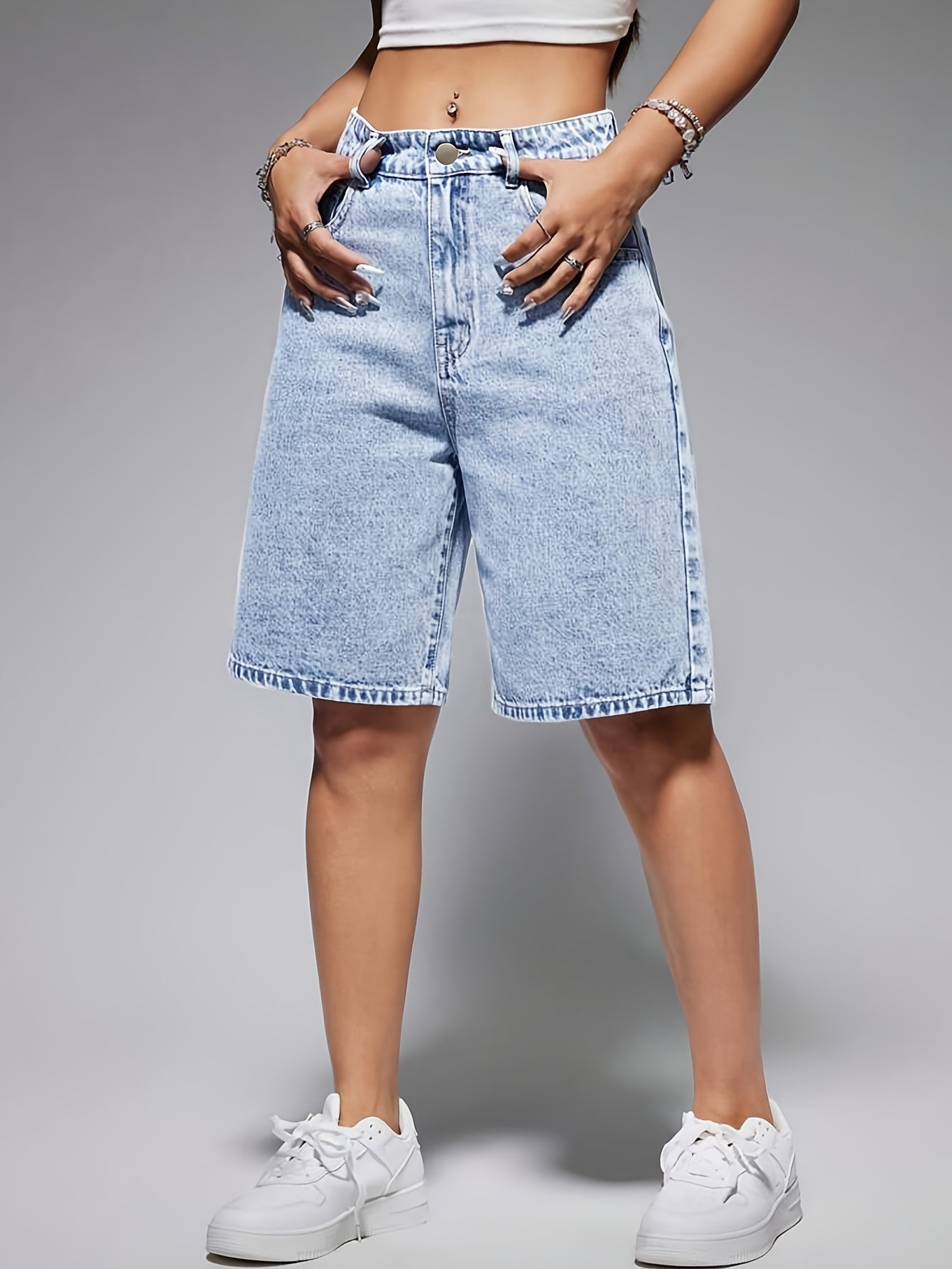 Women's High-Waisted Stretch Denim Bermuda Shorts Casual Fit