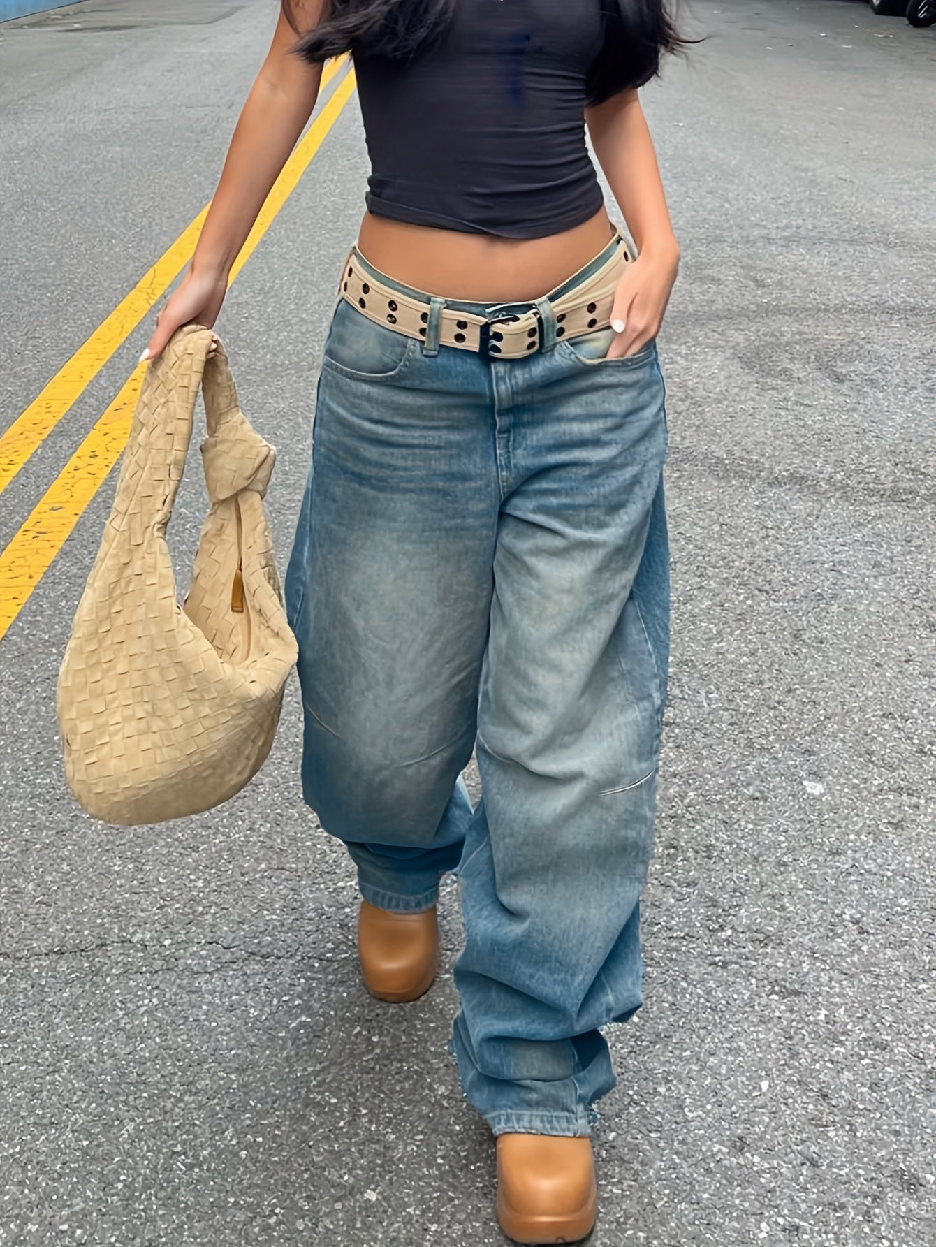 High Waist Non-Elastic Wide Leg Pants Casual Denim Trousers