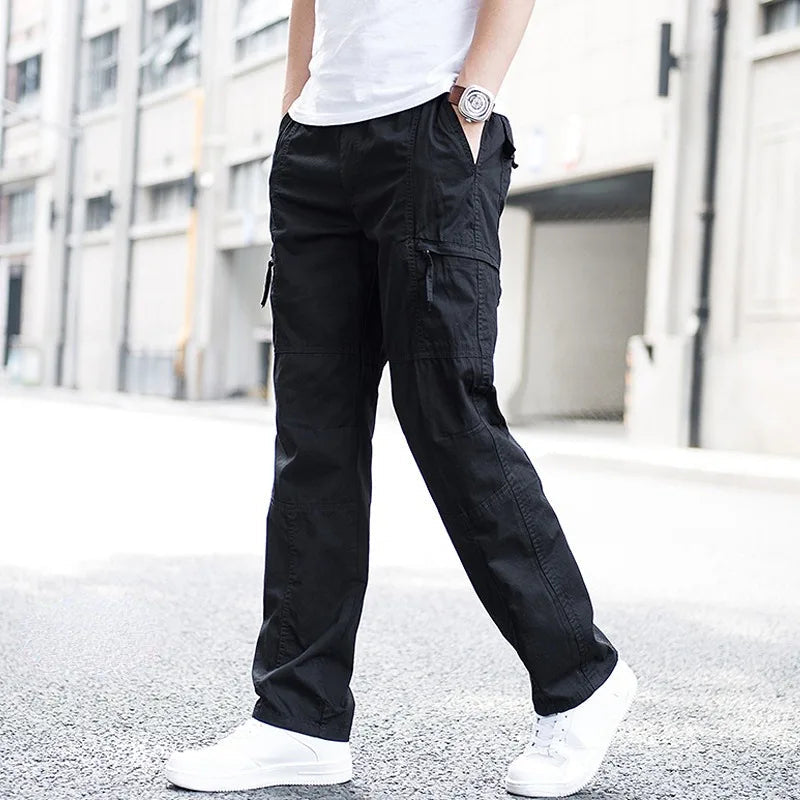 Men's Adjustable Waist Cargo Trousers with Multiple Pockets