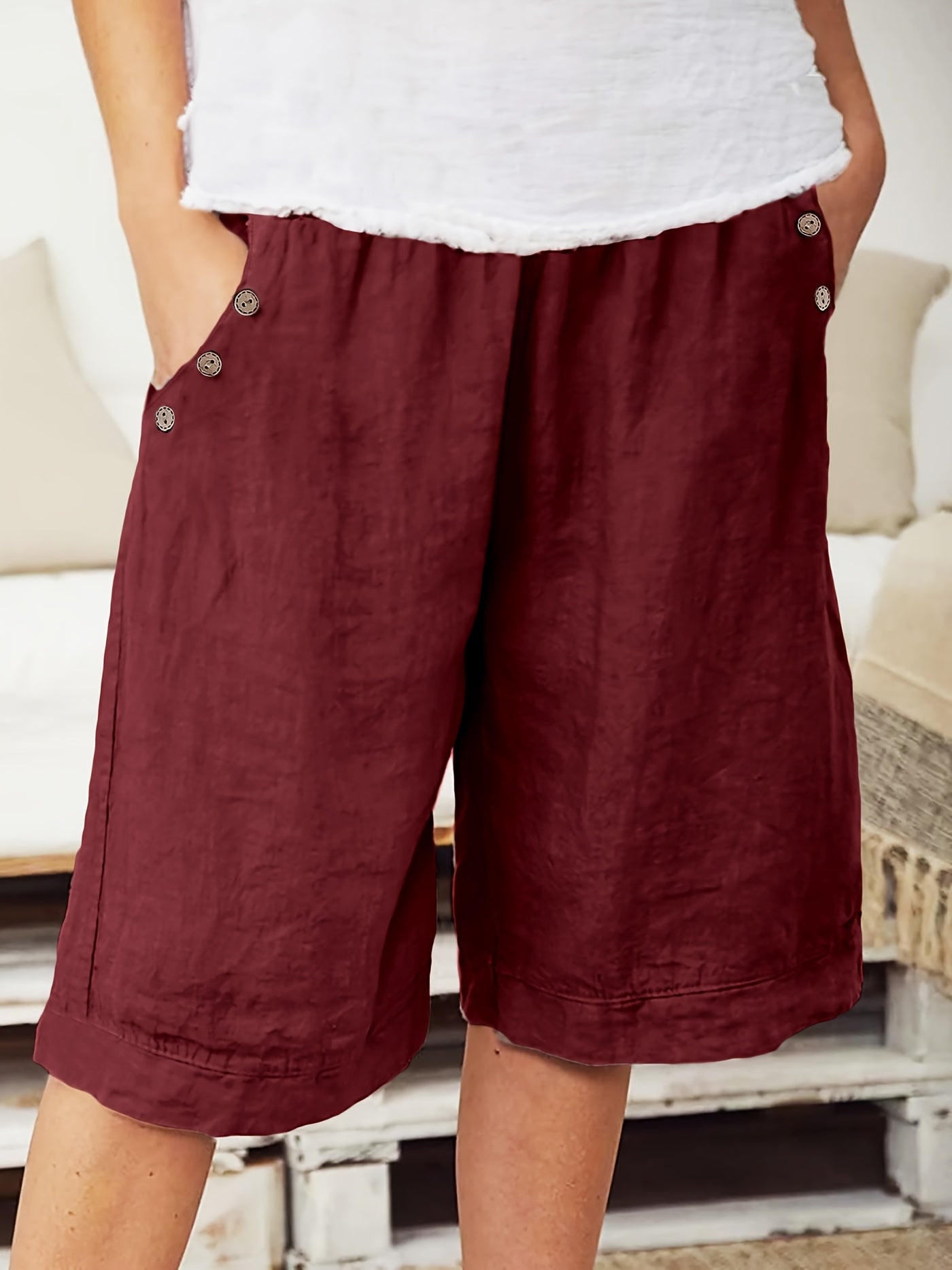 Plus Size Women's Elegant Vacation Shorts with Button Detail
