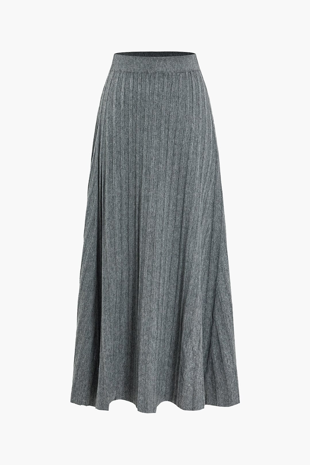 Women's Soft Knit Midi Skirt High Waist Pleated Design