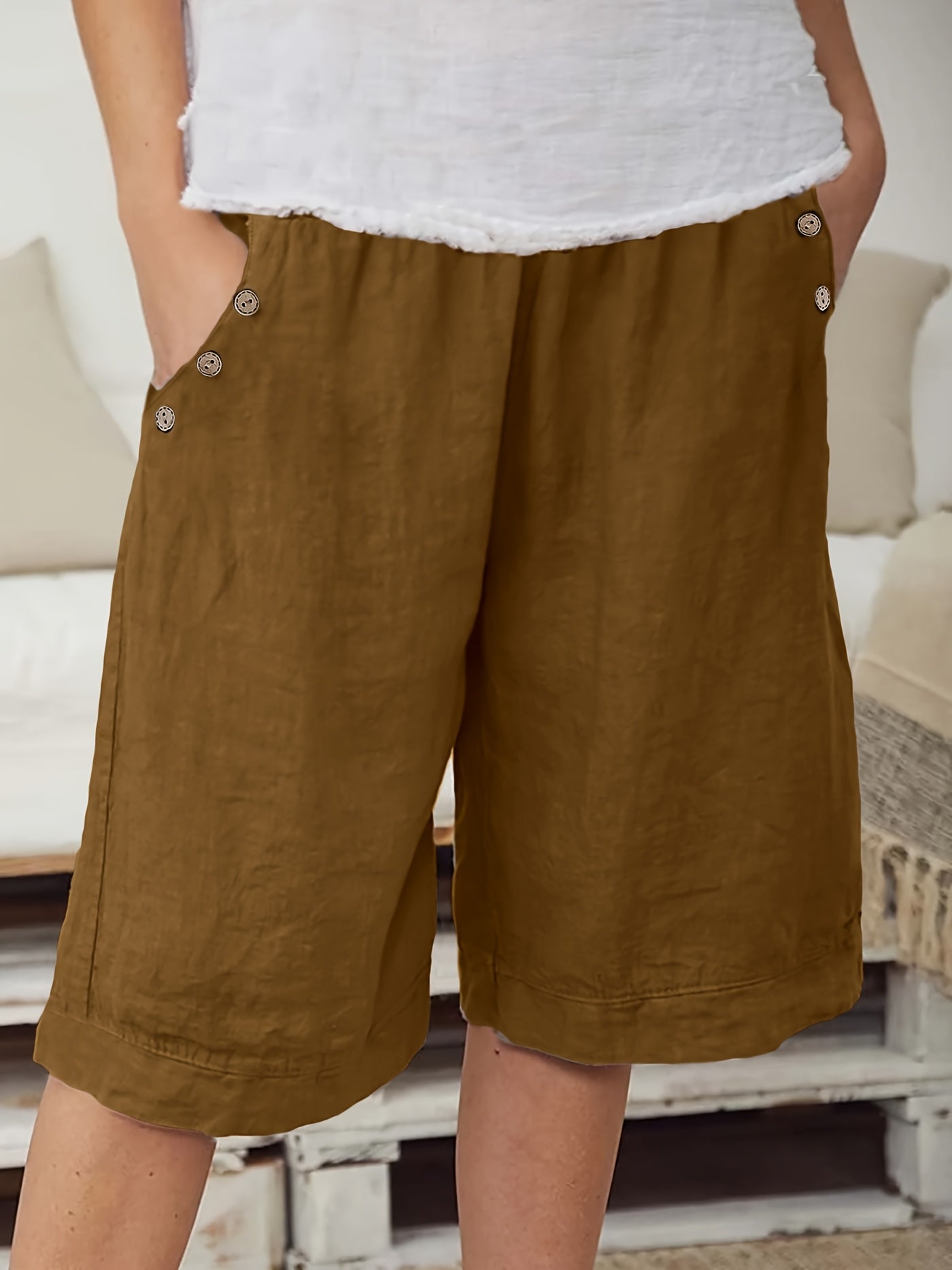 Plus Size Women's Elegant Vacation Shorts with Button Detail