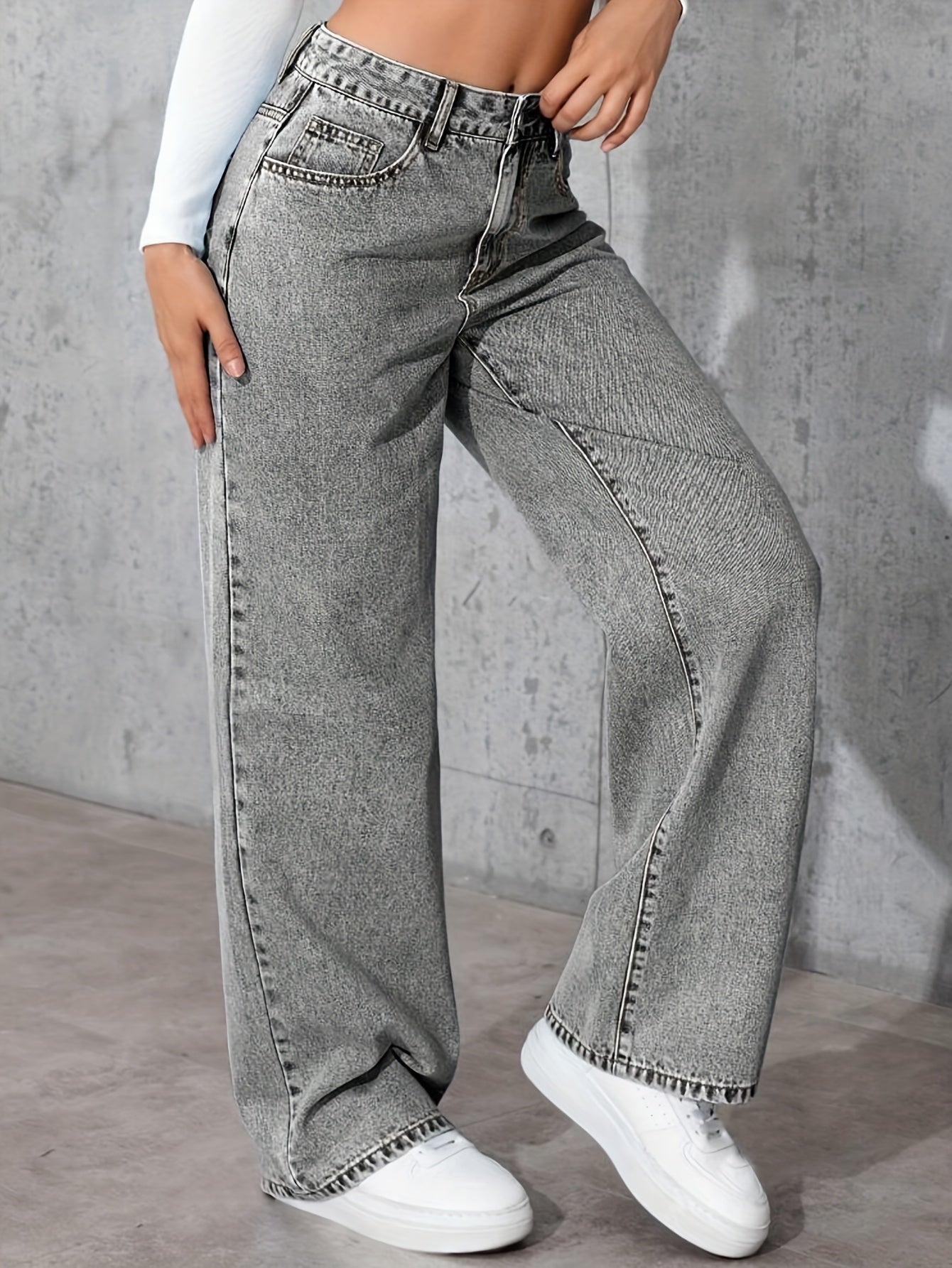 Women's High-Waisted Wide-Leg Jeans Elegant Cotton Trousers