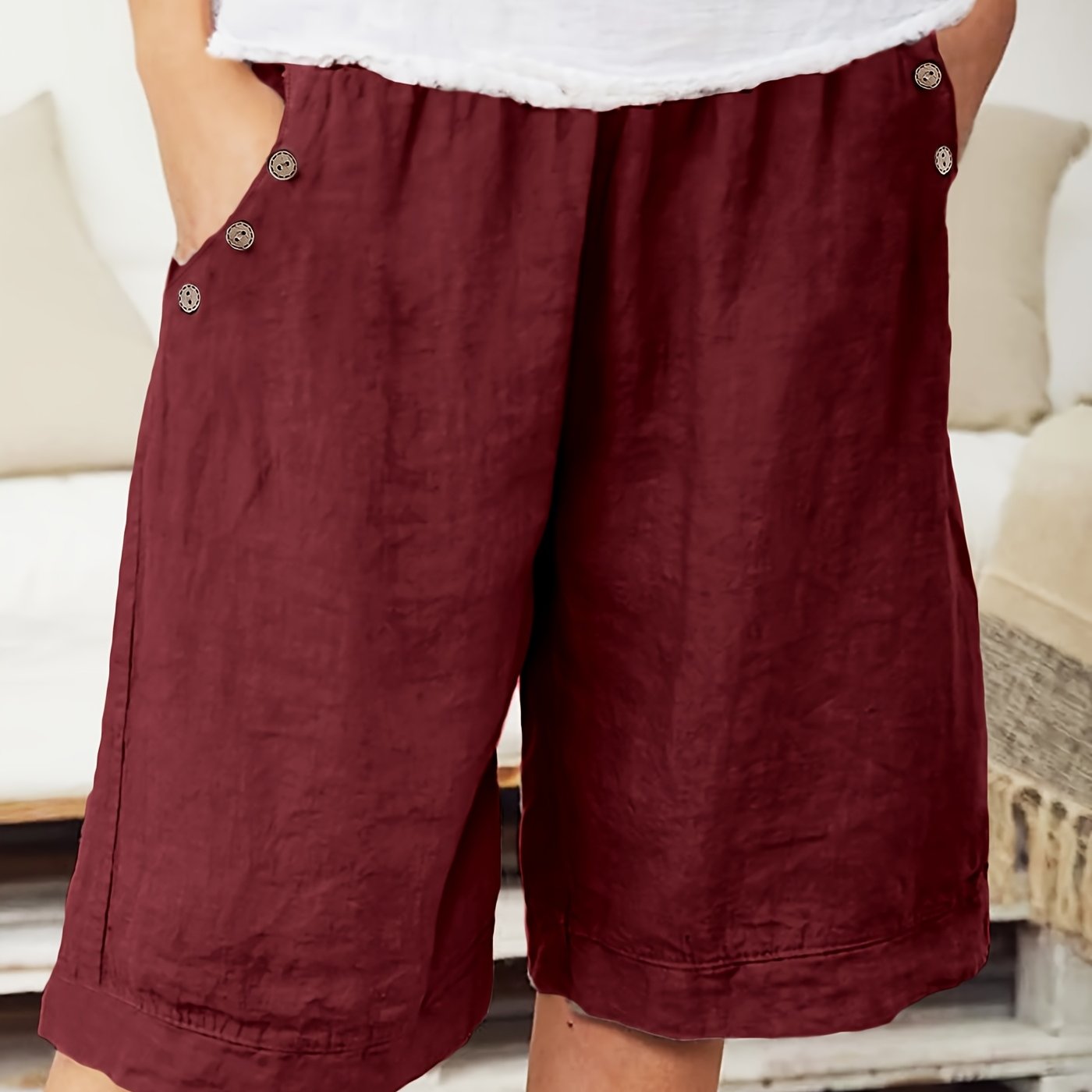 Plus Size Women's Elegant Vacation Shorts with Button Detail